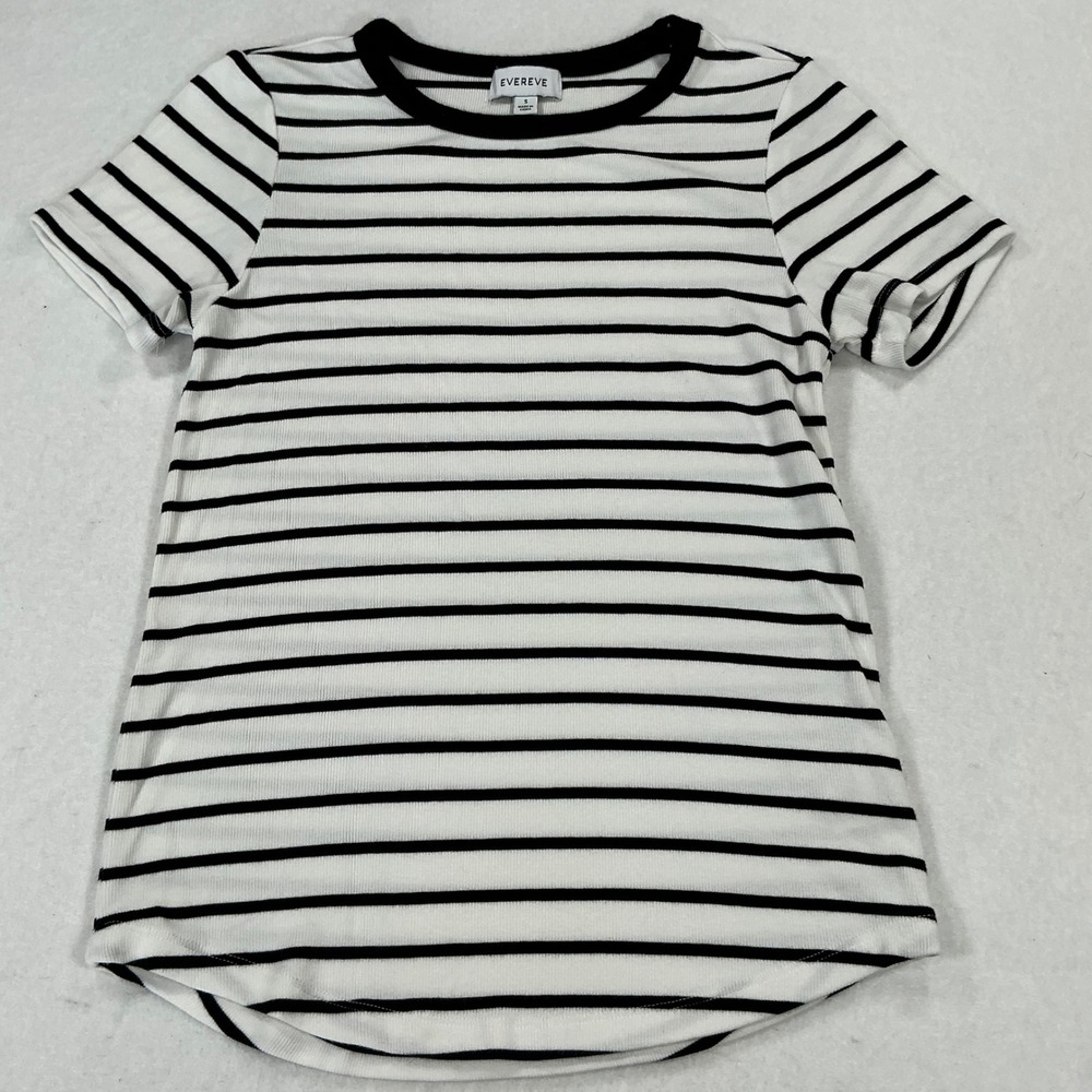 Evereve Womens Small Ribbed Striped Tee Black White Short Sleeve Crew Neck 1329